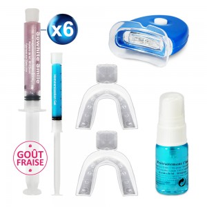 Kit 60ml fraise blanchiment des dents gel rose "zero peroxyde" + activateur anti-tache + gel remineralisant- 